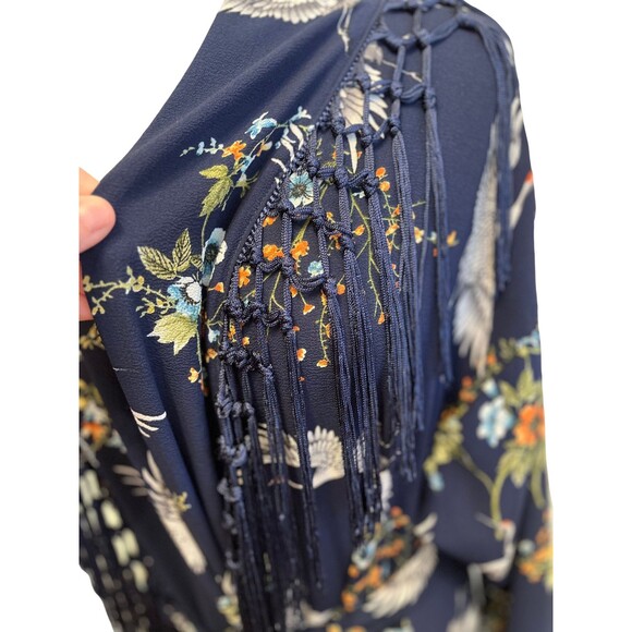 Jennafer Grace Kimono Robe Designer Handmade Blue Cranes Floral Fringe Boho S M - Picture 12 of 15